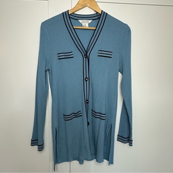 Exclusively Misook Vintage Blue Ribbed Cardigan with Black Trim Medium preppy - Picture 1 of 7